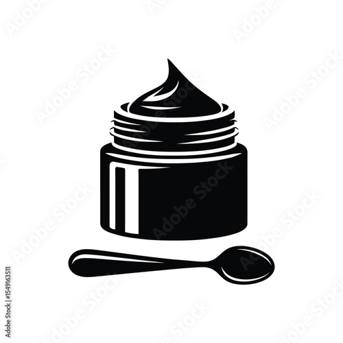 cosmetic cream jar with a spatula vector logo for a skincare or beauty brand a black and white silhouette icon of a moisturizer or lotion