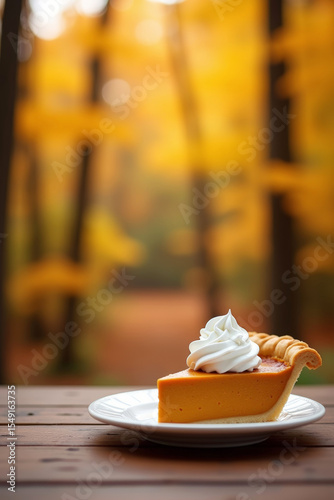 Pumpkin pie slice with whipped cream on white plate. Classic autumn dessert served for Thanksgiving. Warm tones, soft texture, perfect for fall food and holiday baking concepts