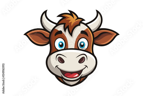 Cartoon cow smiles brightly, its face marked with brown patches, creating a joyful image