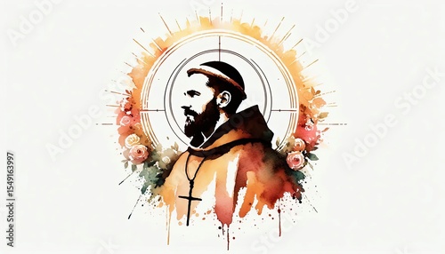 Saint watercolor illustration of catholic religious figure with flowers