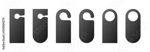 Door hanger blank mockup signs black collection. Isolated handle service hanging door on white background. Set of empty marketing travel tags. Vector illustration.