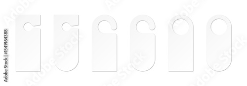 Realistic door hanger blank mockup white design set. Isolated hotel room paper hanger door card on white background. Doors hang marketing label, privacy stationery concept sign. Vector illustration.