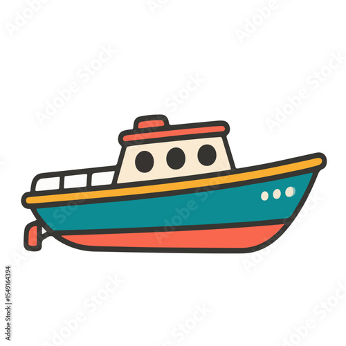 A stylized cartoon illustration of a blue and red boat with three windows, isolated on a white background.