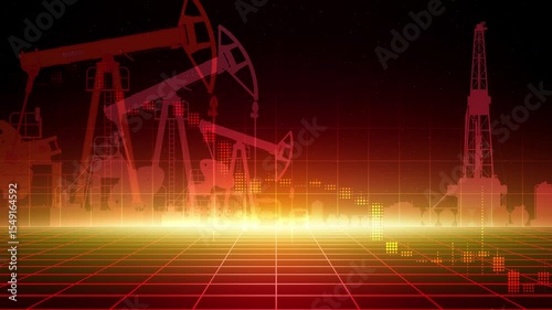 Abstract industrial red background. Pumpjack drilling rig derrick in dark abstract desert background. Crude oil production refining industry. Product display. Copy paste, place for text. Seamless loop