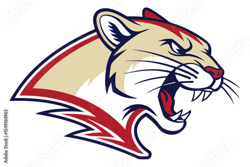 Aggressive cougar roars powerfully, showcasing its sharp teeth with red and navy detailing on a white background