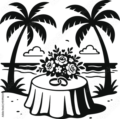 Tropical Beach Wedding Romantic Floral Arrangement and Rings on Table