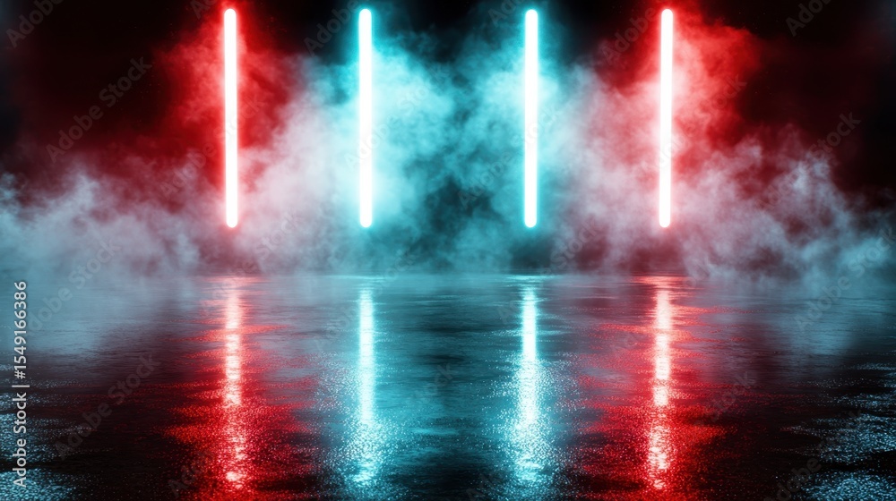 Naklejka premium A dynamic scene featuring neon lights in red and blue hues cutting through a foggy environment, creating a striking visual impact perfect for nightlife and modern rhythm.
