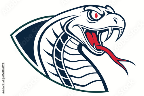 Aggressive cobra head with sharp fangs and red tongue displays intensity and power