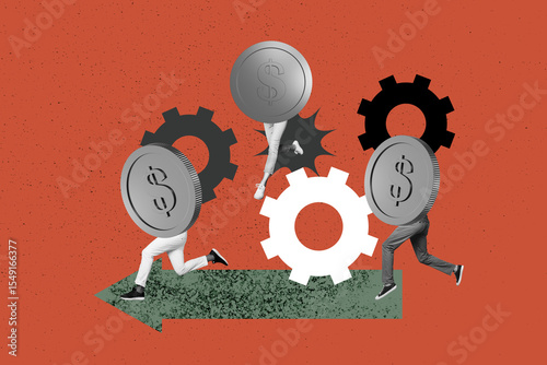 Template poster trend artwork 3D photo collage of dollars coins body three person legs run gear cooperation budget money economy market photo