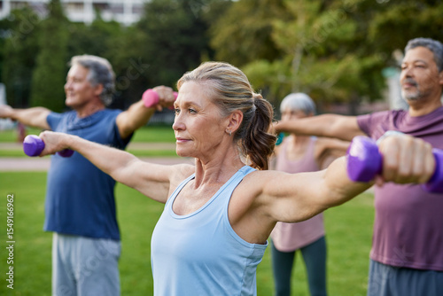 Photography Senior active woman doing dumbbell exercises with friends