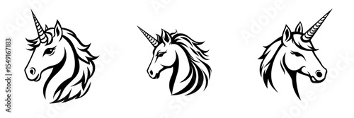 A minimalist icon of a unicorn is shown in black and white, featuring the mythical creature with a single horn in side profile against a plain backdrop
