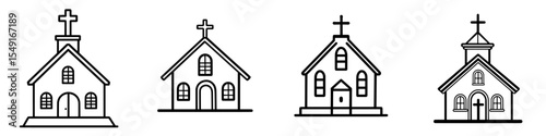 A church building is depicted in a simple black and white icon, complete with a cross at the top