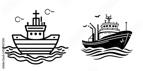 The modern icons of a ship and a marine port are represented alongside a seaport silhouette icon in a contemporary style