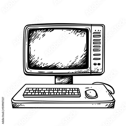 A desktop computer is illustrated in black and white line art, complete with a monitor and tower, representing technology, workstations, and modern computing