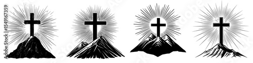 A minimalist Christian design featuring a modern black silhouette of a cross situated on a mountain, accompanied by sun rays in a sunburst pattern, all isolated on a transparent background