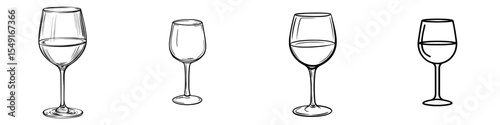 The representation of a wine glass as a modern drawing, specifically a one-line drawing, signifies it as an iconic symbol of tableware used for liquids or drinks