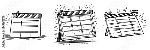 A movie clapperboard is depicted in a modern illustration through a continuous one line drawing