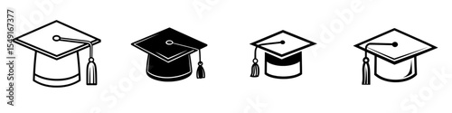 A simple, modern graduation cap icon in a flat style, suitable for educational apps and websites, is depicted as a logo sign symbol illustration isolated on a white background