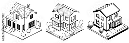 The icon for a residential building is depicted as a cottage house, also represented by house and home isometric icons, showcasing a classic modern family house in 3D