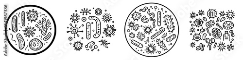 Modern sign representing health risk and contaminated environment through isolated outline of airborne bacteria and viruses in a thin line illustration
