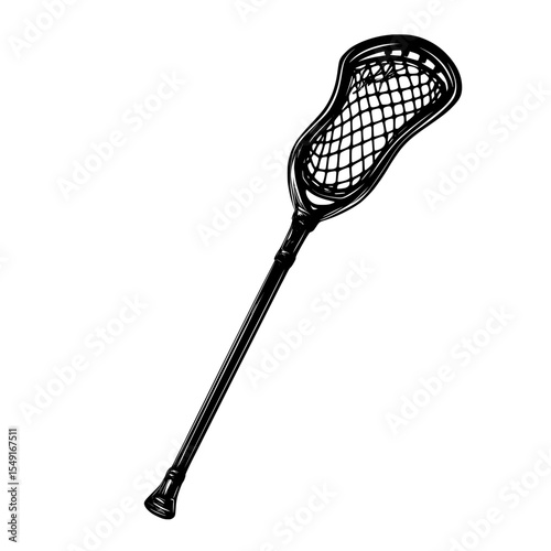 A black silhouette of a lacrosse stick on a white background serves as a modern symbol for lacrosse games, training, and outdoor activities, embodying the sport's equipment