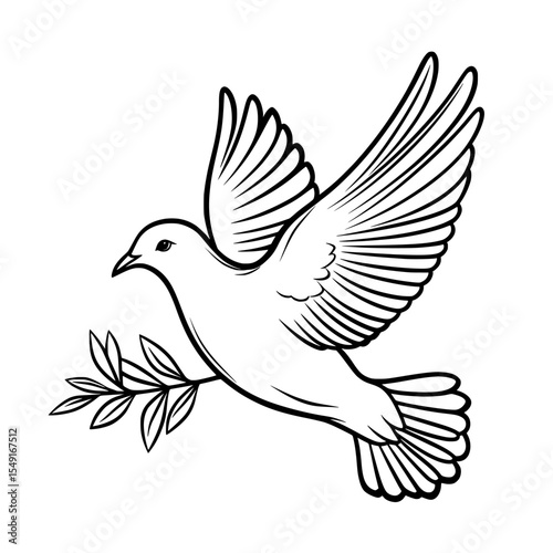 The image is a black and white illustration of a dove carrying an olive branch