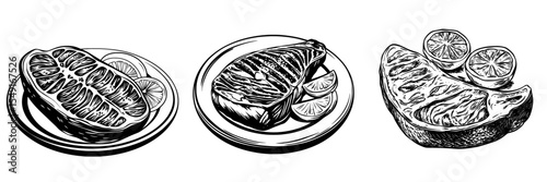 Black and white picture of a grilled salmon steak garnished with slices of lemon