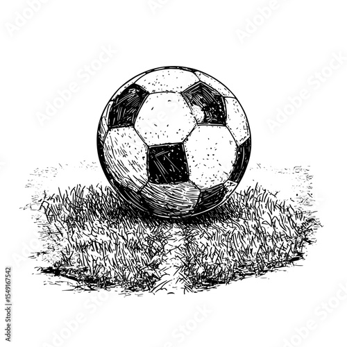 On the green field, a soccer ball is located near the center line