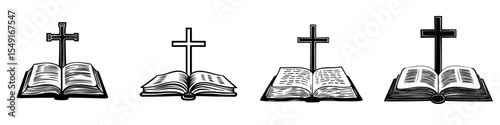 A christian cross icon stands atop an open bible in a simple black and white design, symbolizing religion