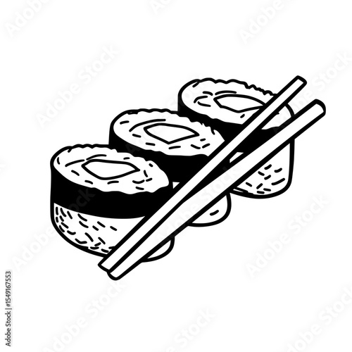 Modern flat outline icon set featuring chopsticks that hold a sushi roll
