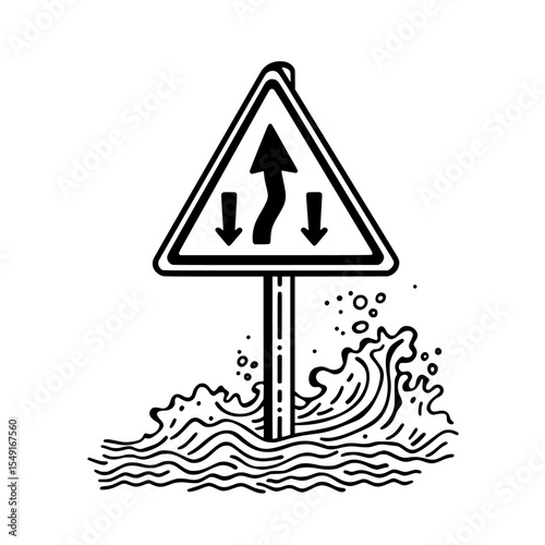 Isolated on a white background is a modern illustration of a sign warning of flood disaster