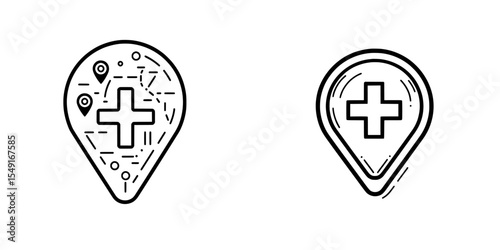 The modern stock illustration depicts a healthcare location pin icon that includes a medical cross symbol