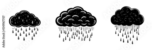 Black rain cloud clipart image serves as a modern icon and graphic illustration for rainy weather forecast symbol and design
