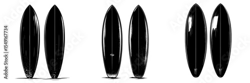 Two sleek black surfboard silhouettes are shown against a plain white backdrop