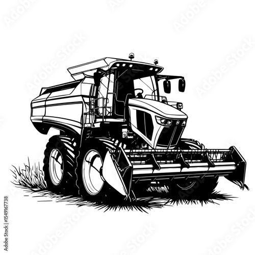The modern combine harvester is depicted in a black and white silhouette with a wide header