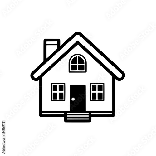 A modern simple house icon is shown as a flat design sticker with a shadow, placed on a gray background for visual effect