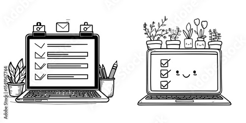 A laptop screen displays a checklist, depicted in a modern flat style illustration, isolated on a white background for a website design