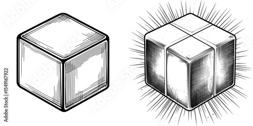 D cube icon featuring axes for X, Y, and Z, designed in a black and white line art style, available as an editable modern file on a transparent background