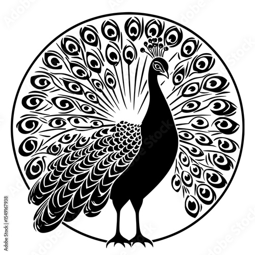 The modern illustration features a peacock as a black and white isolated icon