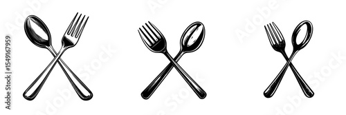 Modern illustration and design featuring crossed fork and spoon logo with cutlery silhouettes