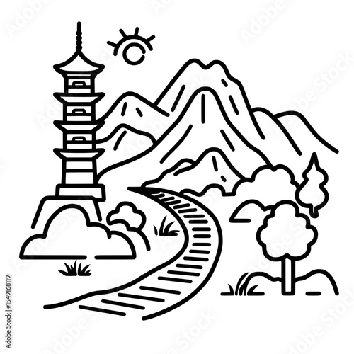The modern illustration features a path travel and tourism icon in black outline style, embodying life, presentation, walking, solution, timeline, idea, and choice