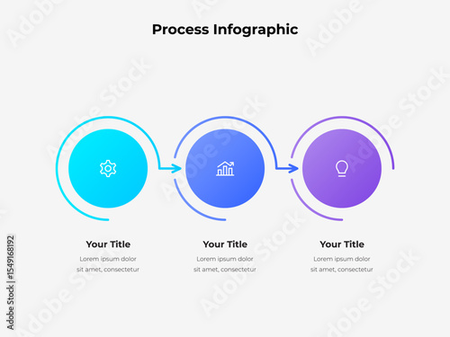 Process Workflow Infographic with Three Circular Steps and Progress Arrows