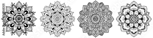 Mandala art featuring abstract floral patterns serves as decoration elements for various purposes including meditation posters, wedding covers, banners, and more