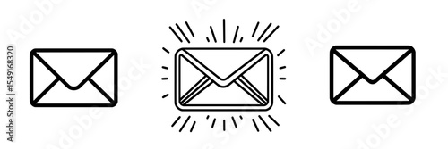 Modern illustration of a trendy email icon modern, including message icon, mail icon, inbox sign, messaging symbol, and envelope in black and white, representing letter sending