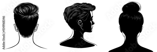 A rear silhouette of a male or female head, serving as a guide for barbershops, hair salons, cosmetology clinics, and other related establishments, presented in a modern illustrative style