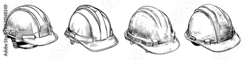 A hand drawn sketch of a Construction safety helmet, representing the concept of protection and safety, depicted in a modern illustration from a side view, known as a hard hat or construction yellow