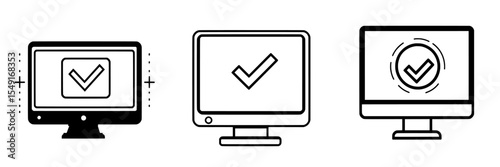 Simple flat design pictogram of a single black monitor with a check mark line icon, representing a successful system process, ideal for infographic modern app logos, web buttons, and ui ux interface