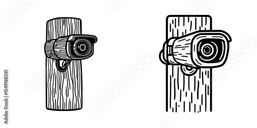 Trail Camera Icon Symbolizes a Modern Linear Illustration of a Camouflaged Hidden Stealth Action Camera Attached to a Tree Trunk for Wildlife Observation and Modern Hunting