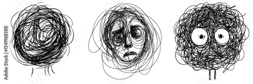 A hand-drawn scribble with a tangled and grungy appearance, rendered in a thin line, is set against a white background, symbolizing a confused mental state