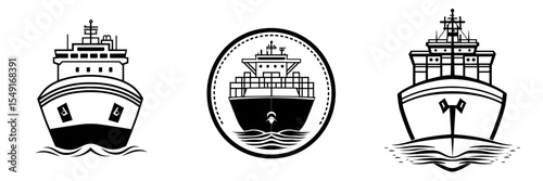 Container Ship Icon represents a large boat used for shipping, viewed from the front, set against an ocean backdrop with a linear design, symbolizing freight shipment and sea travel in a modern black